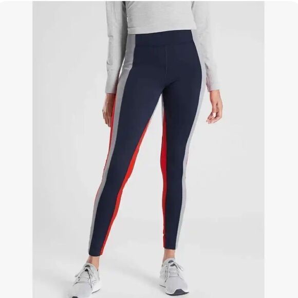 Athleta Crest Colorblock Tight Leggings Pants Size M Petite Navy Blue Orange - Picture 1 of 4